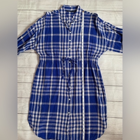 Zara Linen-Cotton Blend Blue Gingham Check Shirt Dress with Drawstring Waist - Picture 9 of 14